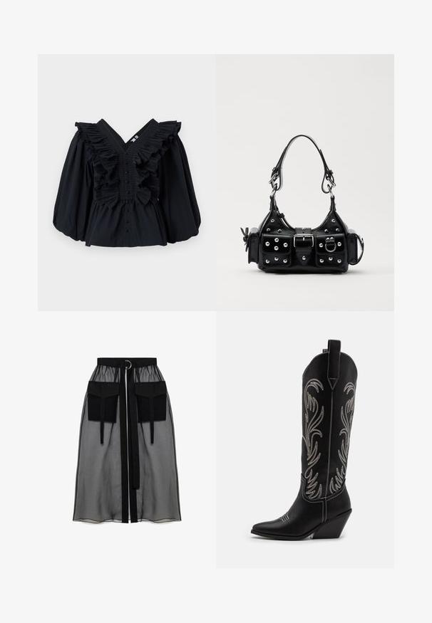 Black top with V-neck, ruffled accents along the neckline, and puffed sleeves. Features a button closure at the front. Smooth fabric texture.; Black sheer skirt with a gathered waistband, featuring two large front pockets, a waist tie, and a circular metal accent.; Black leather cowboy boots with pointed toes, wedge heels, and silver embroidered floral patterns along the shaft. Contrast stitching throughout.; Black leather handbag with a curved design, featuring silver studs, a buckle, and two side pockets. Adjustable strap for carrying options.