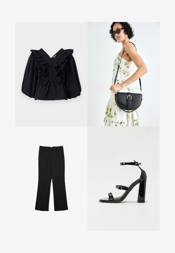 Top nero con scollatura a V, dettagli arricciati lungo il collo e maniche a sbuffo. Caratterizzato da una chiusura con bottoni sul davanti. Tessuto di texture liscia.; Pantaloni neri a gamba dritta, con tasche frontali e spacchi laterali all'orlo. Realizzati in tessuto morbido e liscio. Adatti a diverse occasioni.; Sandali con tacco in vernice nera, con punta squadrata, cinturini alla caviglia e fibbie in argento. Presentano un tacco a blocco spesso per maggiore stabilità.; Borsa a tracolla nera in pelle con una forma curva, manico rimovibile e accessori dorati. La borsa presenta una patta con un dettaglio a fibbia.