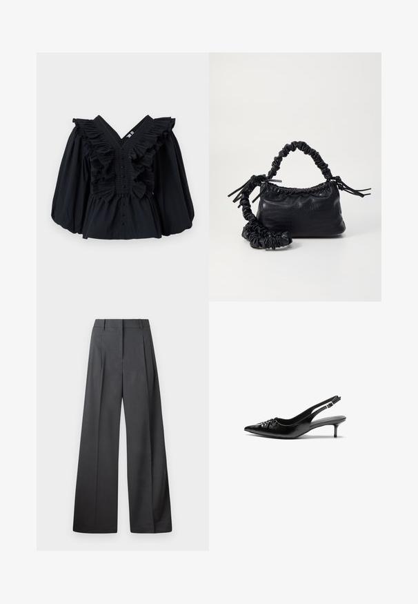Svart topp med V-hals, volanger langs kragen og puffede ermer. Har en knappestengning foran. Glatt stofftekstur.; Vide bukser i mørkegrått stoff med høy livlinje, enkel press, og en glatt tekstur med en ren finish på ermekantene.; Svarte lær slingback-hæler med spiss tå, lav kitten-hæl og samlet detalj på vristen. Jevn tekstur og minimalistisk design.; Svart faux skinn-håndveske med krokodilletekstur, strammet topp og en rynket stropp. Ser myk og kompakt ut i designen.