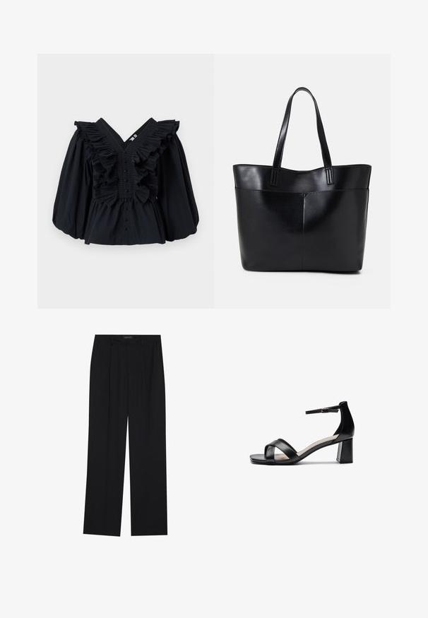 Top nero con scollatura a V, dettagli arricciati lungo il collo e maniche a sbuffo. Caratterizzato da una chiusura con bottoni sul davanti. Tessuto di texture liscia.; Pantaloni neri con un design a gamba dritta, dotati di due tasche frontali e di una vita. Realizzati in un tessuto morbido e leggero.; Sandalo con tacco aperto nero, con cinturini incrociati, fibbia regolabile alla caviglia e tacco spesso, con una texture in pelle liscia.; Borsa a tracolla in pelle nera con due manici lunghi, una texture liscia e una forma strutturata. Presenta una tasca frontale per ulteriore spazio di archiviazione.