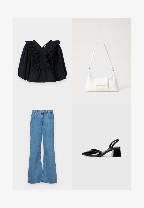 Black top with V-neck, ruffled accents along the neckline, and puffed sleeves. Features a button closure at the front. Smooth fabric texture.; Light blue flared jeans made of denim, featuring a high waist, five pockets, and a single button closure. Soft texture with faded finish.; Black patent leather slingback heels with a pointed toe and a geometric block heel. Features a sleek, minimal design and smooth texture.; White synthetic handbag with a triangular shape, flat front flap and bow detail, adjustable strap, smooth texture, and minimalistic design.