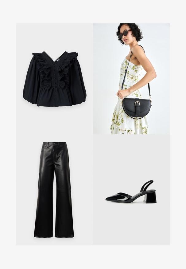 Top negro con escote en V, acentos con volantes a lo largo del escote y mangas abullonadas. Presenta un cierre de botón en el frente. Textura de tela suave.; Pantalones de imitación de cuero negros de cintura alta y pierna ancha con botón frontal, cierre de cremallera, pasadores para cinturón y bolsillos laterales sobre fondo blanco.; Zapatos de tacón slingback de charol negro con punta afilada y tacón geométrico en bloque. Presentan un diseño elegante y minimalista, así como una textura suave.; Bolso de piel negra con forma curva, correa desmontable y herrajes dorados. El bolso cuenta con una solapa con un detalle de hebilla.