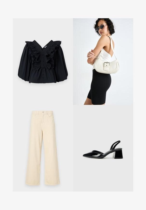 Black top with V-neck, ruffled accents along the neckline, and puffed sleeves. Features a button closure at the front. Smooth fabric texture.; Beige wide-leg jeans made of cotton. Features a button closure, belt loops, and front pockets with a smooth, soft texture.; Black patent leather slingback heels with a pointed toe and a geometric block heel. Features a sleek, minimal design and smooth texture.; White leather handbag with a curved shape, adjustable strap, and a small buckle detail. Model wears a fitted black outfit.