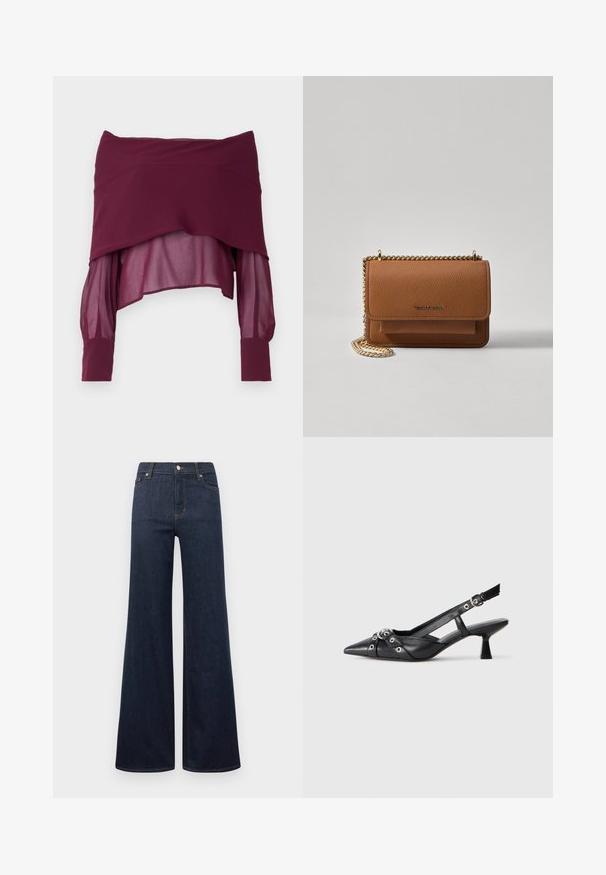 Bordový top s odhalenými ramenami a priesvitnými dlhými rukávmi, ktorý disponuje vrstveným dizajnom a pevným manžetami. Hladká textúra s drapovaným siluetou.; Tmavomodré široké nohavice vyrobené z denimu, s vysokým pásom, zapínaním na gombík a klasickým dizajnom piatich vreciek s kontrastným prešívaním.; Čierne kožené slingback topánky s špicatou špičkou, ozdobnými popruhmi s kovovými očkami a nízkym blokovým podpätkom. Textúrovaný povrch.; Hnedá textúrovaná kožená taška cez telo s zlatým reťazovým popruhom a preklopným uzáverom. Predná strana obsahuje detail s logom a vrecko pod preklopkou.