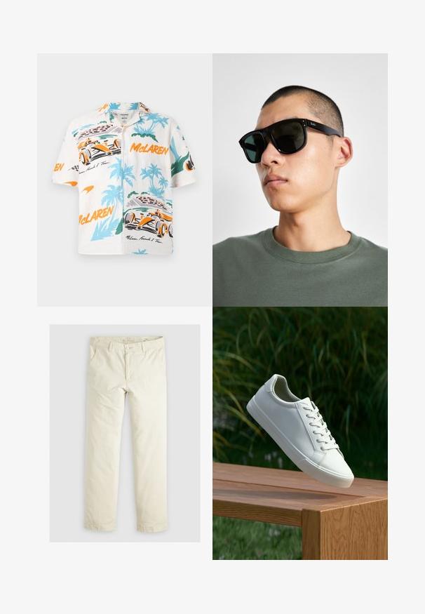 Biele tričko s krátkym rukávom zdobené živými grafikami závodných áut McLaren F1 v oranžovej, zelenej a modrej farbe, s motívmi paliem a pretekárskej dráhy.; Svetlo béžové voľné nohavice s troma vreckami, pútky na opasok a rovnými nohavicami. Vyrobené z mäkkej bavlnenej zmesi.; Biele šnurovacie tenisky sa vznášajú nad drevenou lavicou so zeleným porastom v pozadí, predvádzajúc design a textúru topánok.; Čierne obdĺžnikové slnečné okuliare s tmavými sklami, s charakteristickým tvarom a značkou na ramene. Nosí ich osoba v zelenej košeli.