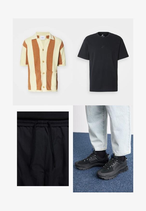Krátky rukáv kardigán s krémovo-hnedým prúžkovaným vzorom, s gombíkovou prednou časťou, dvoma prednými vreckami a mäkkým, chlpovým materiálom.; Čierne bavlnené tričko Nike s klasickým okrúhlym výstrihom, krátkymi rukávmi a jemne embosovaným logom na hrudi. Hladká textúra.; Čierne šortky s pásom na stiahnutie, z ľahkej látky s hladkou textúrou a jednoduchým dizajnom bez viditeľných log alebo vzorov.; Čierne športové topánky s textúrovanou tkaninou a gumovou podrážkou, so elastickými šnúrkami a modrým akcentom na päte. Nosia sa s svetlými riflami.