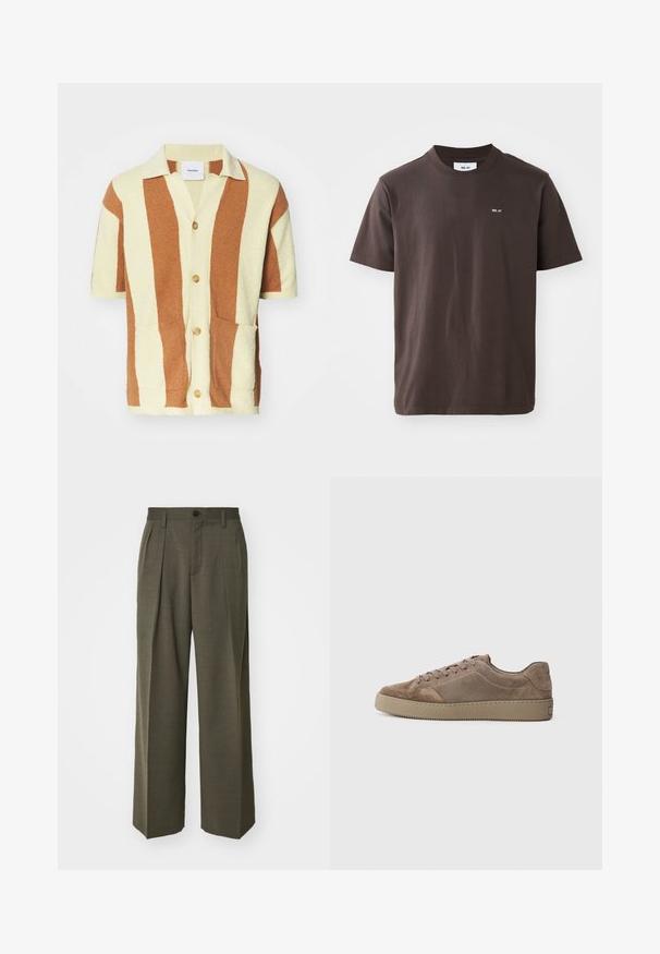 Kurzärmeliger Cardigan in creme- und braun gestreifter Textur, mit Knopfverschluss an der Vorderseite, zwei vorderen Taschen und aus einem weichen, flauschigen Material.; Braunes Baumwoll-T-Shirt mit einem gerippten Rundhalsausschnitt. Verfügt über ein kleines weißes Logo auf der linken Brust. Kurze Ärmel und ein gerader Saum.; Filippa K WIDE TROUSERS - Stoffhose - driftwood; Brauner Wildleder-Sneaker im Low-Top-Design mit flacher Gummisohle, Schnürverschluss und Steppdetails, von der Seite auf einem schlichten Hintergrund gezeigt.