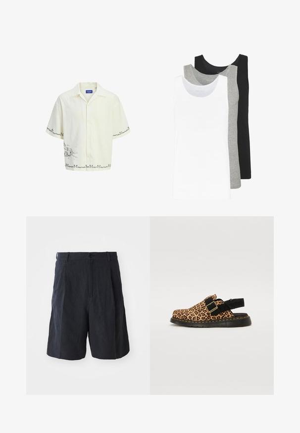 Chemise à manches courtes de couleur crème claire avec un col, arborant un motif de croquis gris sur le devant et des détails de bordure décoratifs.; Trois débardeurs en blanc, gris et noir. Chacun présente un design classique sans manches, fabriqué en coton léger avec une texture côtelée.; Weekday LOOSE SUIT - Short - black; Sabot imprimé léopard avec sangle et boucle en suède noir. Présente une semelle en caoutchouc noir avec des surpiqûres jaunes pour un détail supplémentaire.