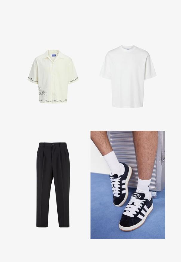 Lyhytnuittinen, vaalean kermahaduruuhe, jossa on kaulukset, etupuolella harmaa luonnoskuvio ja koristeelliset helma yksityiskohdat.; Valkoinen puuvillapaita lyhyillä hihoilla, pyöreällä kaula-aukolta ja rentoa istuvuutta. Sujuva pinta ilman näkyviä kuvioita tai korostuksia.; Mustat housut, joissa on laskostettu etuosa, valmistettu sileästä kankaasta. Varustettu nappikiinnityksellä ja vyölenkeillä; suora lahje.; Mustat mokkasneakersit, joissa on valkoiset nauhat ja kolme valkoista raitaa. Kengissä on ympyrän muotoinen musta logo kielen päällä ja kuminen pohja.