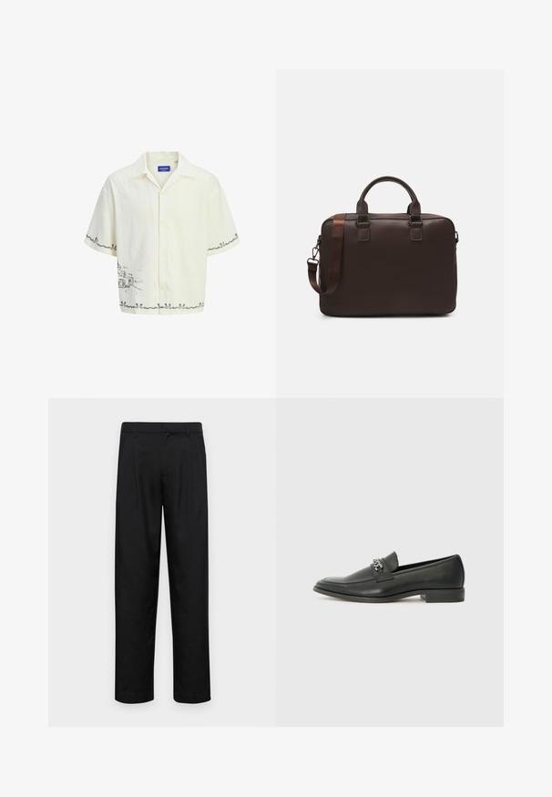 Kratek rokav, svetlo kremast srajc, z ovratnikom, na sprednji strani s sivo risbo in dekorativnim zaključkom na robu.; Črne hlače iz gladkega materiala, s krojem ravne noge, dvema sprednjima pregiboma in standardnim pasom z zankami za pas.; Črni usnjeni loafer z gladko površino, ki ima šivano zasnovo in dekorativni kovinski verižni naglas preko vampirja. Ravno peto.; Rjava usnjena torba za prenosni računalnik z teksturirano površino, dvema zgornjima ročajema, nastavljivim trakom in dvema sprednjima sponkama za dodatne podrobnosti.