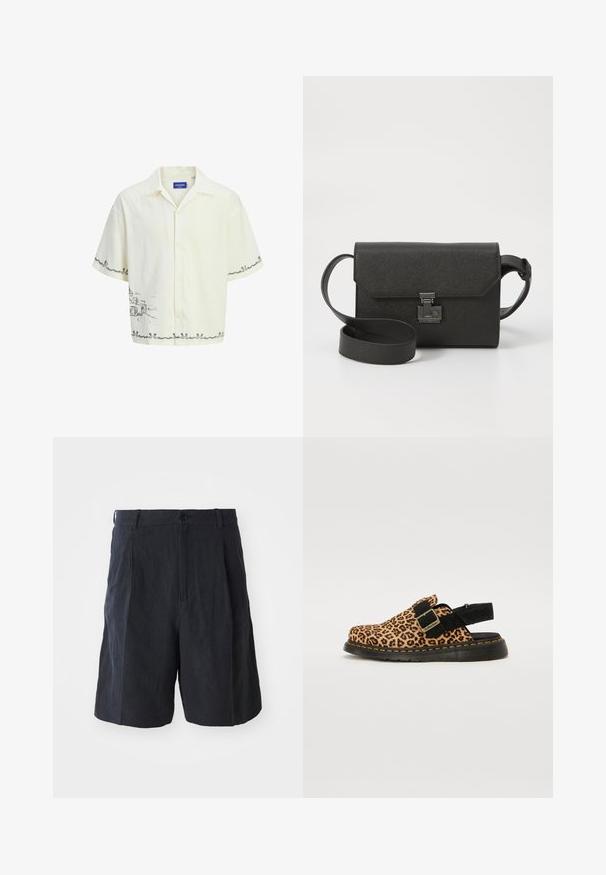 Kurzärmliges, hellcremefarbenes Hemd mit Kragen, das ein graues Skizzenmuster auf der Vorderseite und dekorative Säumenähte aufweist.; Weekday LOOSE SUIT - Shorts - black; Clog im Leopardenmuster mit schwarzem Wildlederriemen und Schnalle. Verfügt über eine schwarze Gummisohle mit gelben Nähten für zusätzliche Details.; Schwarze Leder-Crossbody-Tasche mit strukturiertem Finish, Klappenverschluss, Metallbeschlägen und einem passenden verstellbaren Tragegurt.