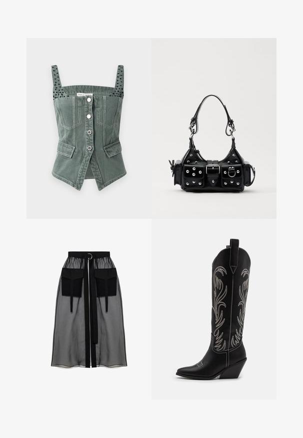 Zelena denim bustier majica z nastavljivimi naramnicami, sprednjim gumbom, dvema stranskima žepoma in teksturiranimi črnimi poudarki na naramnicah.; Črna prozorna krila z nabranim pasom, ki ima dva velika sprednja žepa, pas za zavezovanje in okroglo kovinsko dekoracijo.; Črne usnjene kavbojske čevlje s koničastimi prsti, klinastimi petami in srebrnimi vezeninami cvetnega vzorca po vsej dolžini. Kontrastno šivanje povsod.; Črna usnjena torbica s ukrivljenim dizajnom, ki vsebuje srebrne žebljičke, zaponko in dve stranski žepki. Nastavljiv trak za različne možnosti nošenja.