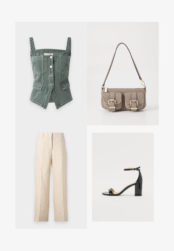 Zelený denimový korzetový top s nastaviteľnými ramienkami, predným zapínaním na gombíky, dvomi bočnými vreckami a textúrovanými čiernymi akcentmi na ramienkach.; Béžové ľanové nohavice vo voľnom strihu, s plisovaným predným dielom a rovnými nohavicami. Majú pás s pútkami na opasok a bez viditeľných vreciek.; Čierne lakované sandále s širokým podpätkom, otvorenou špičkou a remienkom okolo členka s zlatou sponou. Hladká textúra a elegantný dizajn.; Bežová taška s textúrou a nastaviteľným popruhom, dve predné vrecká zabezpečené prackami a zlaté kovové prvky. Zips na vrchu.