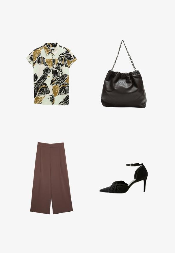 Kraťasová košile s knoflíky v světle zelené barvě, se silným černým a hnědým vzorem listů na texturované tkanině. Klasický design límce.; Hnědé široké kalhoty s hladkou texturou, vysokým pasem a předními záhyby. Materiál je lehký a volně splývá.; Černá semišová vysoká botička s špičatou špičkou, detaily uzlu vpředu a pásem kolem kotníku. Disponuje štíhlým jehlovým podpatkem a elegantním designem.; Hnědá kožená taška se sbíraným vrškem a řetízkovým popruhem. Hladký povrch s lesklým finišem a jemným švem na bocích.
