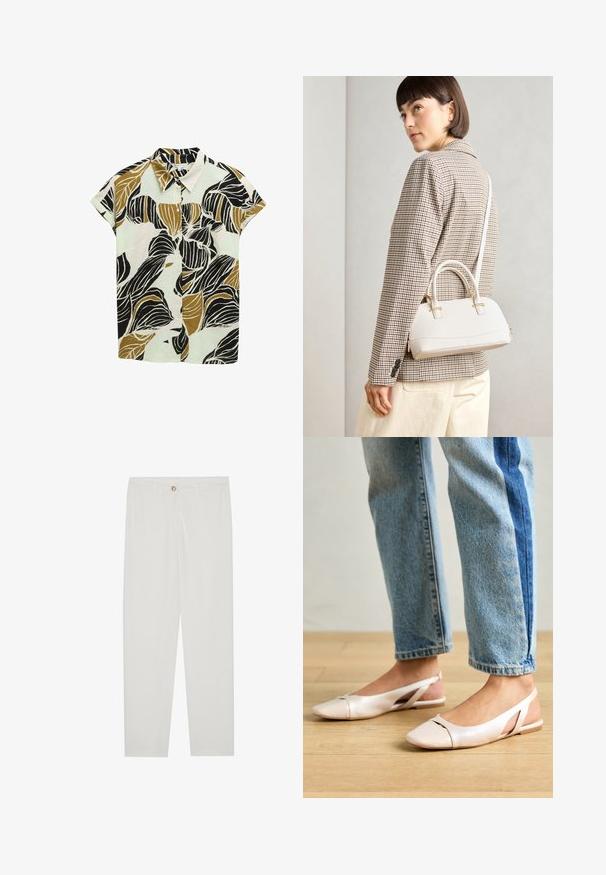 Kortärmad skjorta med knäppning i ljusgrön, med ett djärvt svart och brunt bladmönster på ett texturerat tyg. Klassisk kragdesign.; Vita, skräddarsydda byxor med rak benform, med knappstängning, bältesslingor och sidofickor; mjuk tygtextur.; Ljust rosa slingback-lägenheter med spetsig tå, tillverkade av ett slätt läderliknande material. Har utskurna detaljer på sidorna och en platt häl.; Vitt strukturerat handväska med korta handtag och en axelrem, med gyllene detaljer och texturerat material, visad mot en grå bakgrund.