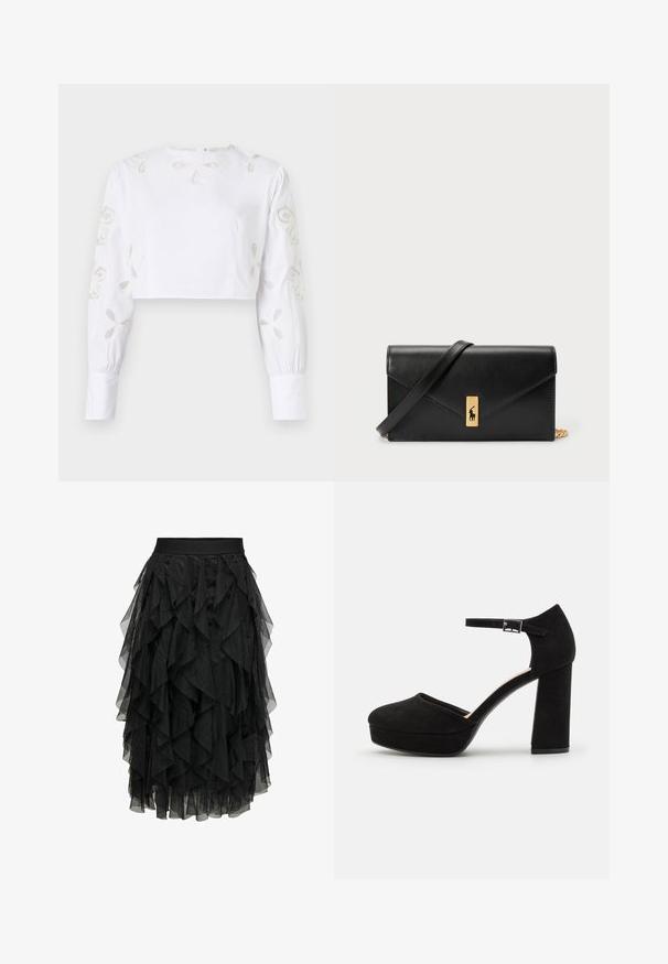 Biała krótka bluzka z długimi rękawami, ozdobiona haftowanymi kwiatowymi wzorami w subtelnej beżowej nitce. Gładka faktura materiału.; Czarna midi spódnica z warstwowego tiulu o falbaniastym wzorze. Posiada elastyczny pas. Przezroczysty materiał dodaje faktury i ruchu.; Czarne zamszowe szpilki na platformie z grubym słupkowym obcasem, zaokrąglonym noskiem i paskiem wokół kostki zabezpieczonym metalowym klamrem. Gładka faktura na całej powierzchni.; Czarny skórzany portfel z klapą, złotą okuciami, z akcentem logo. Zawiera odpinany pasek do noszenia.