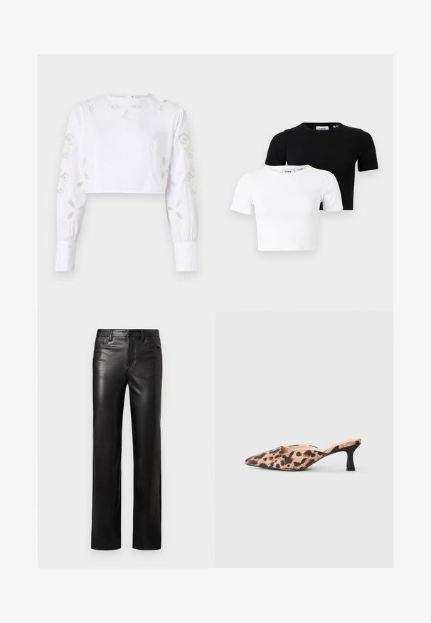 White cropped blouse featuring long sleeves with decorative embroidered floral patterns in a subtle beige thread. Smooth fabric texture.; Set of two short-sleeve cropped T-shirts in black and white, made of ribbed fabric with a round neckline and a fitted design.; Black leather pants with a straight cut, featuring a button closure and front pockets. Smooth texture with subtle stitching details.; Pointed-toe mule shoe with leopard print upper and low black kitten heel on a light background.