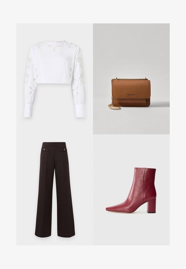 Weiße, kurz geschnittene Bluse mit langen Ärmeln, die mit dekorativen, gestickten Blumenmustern in feinem Beigegarn versehen sind. Glatte Stofftextur.; Dunkelbraune, hochgeschnittene, weit geschnittene Hosen mit vorderen Falten und dekorativen, geknöpften Klappentaschen in der Taille.; Bordeauxfarbene Leder-Stiefelette mit spitzer Zehenform, Blockabsatz und glatter Textur, die ein nahtloses Design ohne sichtbare Hardware aufweist.; Braune strukturierte Ledertasche mit goldener Kettenriemen und Klappenverschluss. Die Vorderseite zeigt ein Logo-Detail und eine Tasche unter der Klappe.