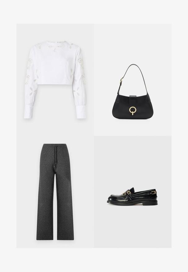 Blusa corta blanca con mangas largas y patrones florales bordados decorativos en un hilo beige sutil. Textura de tela suave.; Pantalones de pierna ancha en tejido gris oscuro con cintura ajustable y pequeño patrón de puntos en todo su diseño, ofreciendo un aspecto texturizado.; Mocasines de cuero negro con un acabado brillante, que presentan dos hebillas doradas y un tacón bajo. Textura suave con diseño de punta redonda.; Bolso de cuero negro con una silueta curvada, correa corta, herrajes en tono dorado central y textura suave. Sin patrones ni acentos visibles.