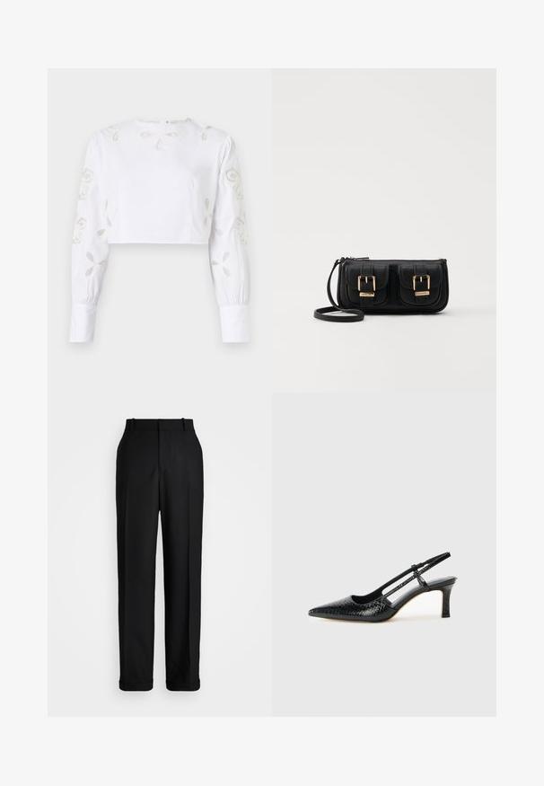 Witte cropped blouse met lange mouwen, versierd met geborduurde bloemmotieven in een subtiele beige draad. Soepele stoftextuur.; Polo Ralph Lauren HIGH RISE RELAXED STRAIGHT TROUSER - Broek - black; Zwart patent slingback hak met een spitse neus, voorzien van een gestructureerde slangenprint, verstelbare band en een korte, gestructureerde blokhak.; Zwarte leren schoudertas met twee vo pockets, gouden gespen, ritsluiting en een smalle band. Tekstuur oppervlak en compacte rechthoekige vorm.