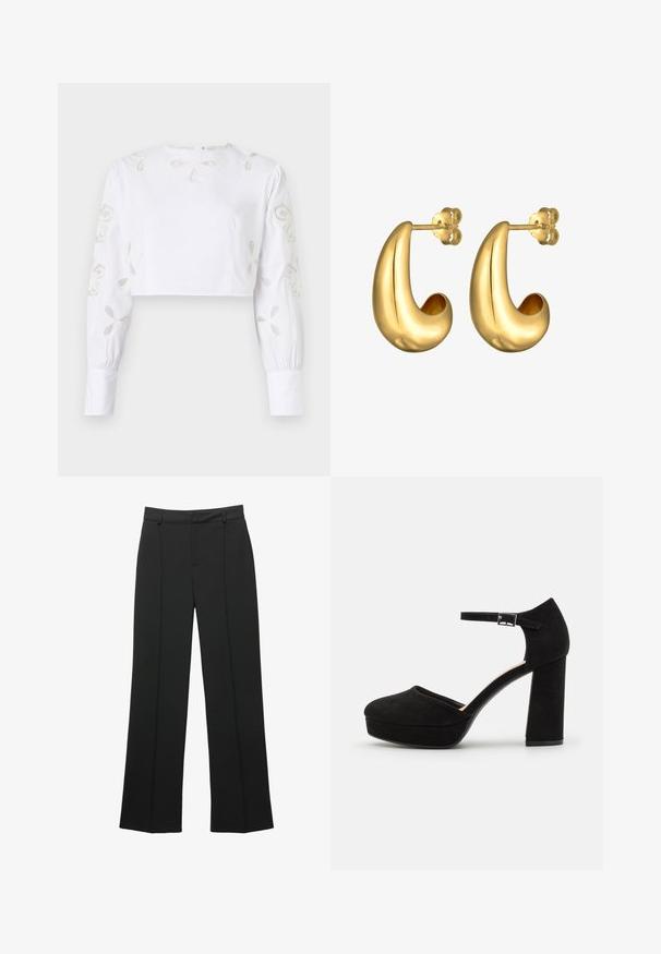 Weiße, kurz geschnittene Bluse mit langen Ärmeln, die mit dekorativen, gestickten Blumenmustern in feinem Beigegarn versehen sind. Glatte Stofftextur.; Schwarze hochtaillierte weit geschnittene Hosen mit Gürtelschlaufen und einer vorderen Nahtdetails, auf einem weißen Hintergrund präsentiert.; Schwarze Wildleder-Plattformabsätze mit einem dicken Blockabsatz, runder Zehenpartie und einem Knöchelriemen, der mit einer Metallschnalle gesichert ist. Glatte Oberfläche über das gesamte Schuhwerk.; Goldfarbene Creolen mit einem glatten, geschwungenen Design. Verfügt über ein hohles Innere und eine sichere Befestigung für angenehmen Tragekomfort.; Schwarze Leder-Geldbörse mit Klappverschluss, goldfarbener Hardware und Logo-Akzent. Inklusive abnehmbarem Trageriemen.