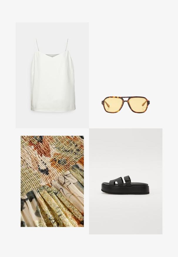 Valkoinen hihaton paita, jossa on V-hihansuu, sileä rakenne ja löysä istuvuus. Varustettu ohuilla olkaimilla ja minimalistisella muotoilulla ilman kuvioita.; Next REGULAR FIT - DROP WAIST - Maksihame - cream sparkle; Mustat alustan sandaalit, joissa on kaksi leveää hihnaa, valmistettu sileästä materiaalista. Ominaisuuksiin kuuluu paksu pohja, jossa on karhennettu pinta pitävyyden takaamiseksi.; Kilpikonnakuosiset aurinkolasit, joissa on geometrinen muotoilu, keltaiset linssit ja metalliset yksityiskohdat saranoissa. Laaja kehys ja matta pinta.; PULL&BEAR SHOULDER - Shopping bag - beige