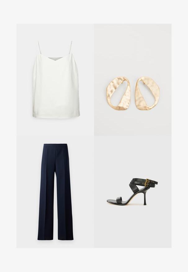 White sleeveless top with a V-neck, smooth texture, and a loose fit. Features thin straps and minimalistic design without patterns.; Wide-leg trousers in dark navy fabric, featuring a smooth texture, subtle front pleats, and a fitted waistband for a streamlined silhouette.; Black heeled sandal with crossed straps and adjustable buckle. Features a smooth texture and tapered stiletto heel.; Pair of irregular oval-shaped gold-toned metal earrings with a textured, slightly hammered surface on a white background.