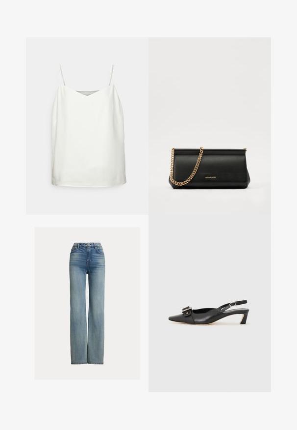Top branco sem mangas com decote em V, textura lisa e corte solto. Apresenta alças finas e design minimalista sem padrões.; Jeans azuis de cintura alta e perna reta com bolsos frontais, passantes para cinto e fecho de botão, apresentando um leve efeito desbotado.; Sandal com correia preta em pele, com bico fino, pequeno salto e detalhe de fivela decorativa na parte superior. Textura suave, design minimalista.; Mala de mão de couro preta com uma alça de corrente dourada, apresentando uma textura suave, forma retangular e uma marca gravada na parte da frente.