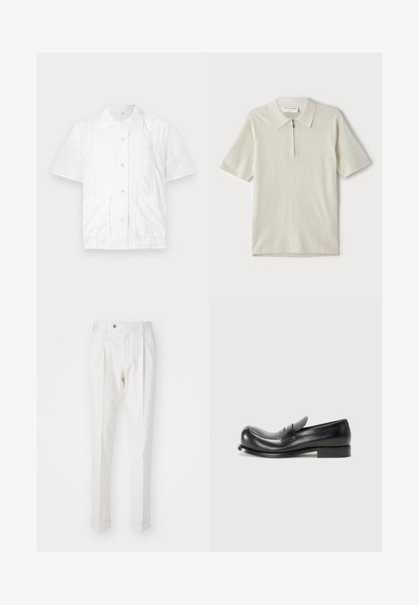 Valkoinen lyhythihainen paita, jossa on kauluspääntie, kaksi etutaskua, pitsireunakoristeet ja napit keskellä. Puuvillamateriaalia.; Vaate lyhythihaisista polo-paitojen vaaleassa beige-värissä, jossa on vetoketjukaulus. Valmistettu sileästä kankaasta, yksinkertainen ja moderni malli ilman kuvioita.; Valkoiset, muotoillut housut, joissa on tasainen etuosa, kaksi taitetta ja käärityt lahkeet. Valmistettu sileästä kankaasta, jossa on nappisuljenta vyötäröllä.; Musta nahkainen loafer, jossa on pyöreä kärki, etuosan nauhakiinnitys ja minimalismi. Tasapohja ja sileä pinta hienovaraisella ommellaan.