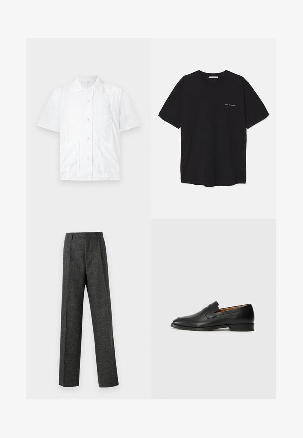 Camisa blanca de manga corta con cuello, dos bolsillos frontales, detalles de encaje y botones en el centro. Material de algodón.; Camiseta de algodón negra con cuello redondo, mangas cortas y un estampado de logo blanco en el lado izquierdo del pecho. Diseño simple y de color sólido.; Pantalones gris ajustados hechos de una tela texturizada, con dos pliegues frontales y un diseño de pierna recta. Sin bolsillos visibles ni adornos.; Mocasín de cuero negro con punta redonda, detalles de costura sutil y un tacón bajo, que presenta una textura suave y un diseño minimalista.