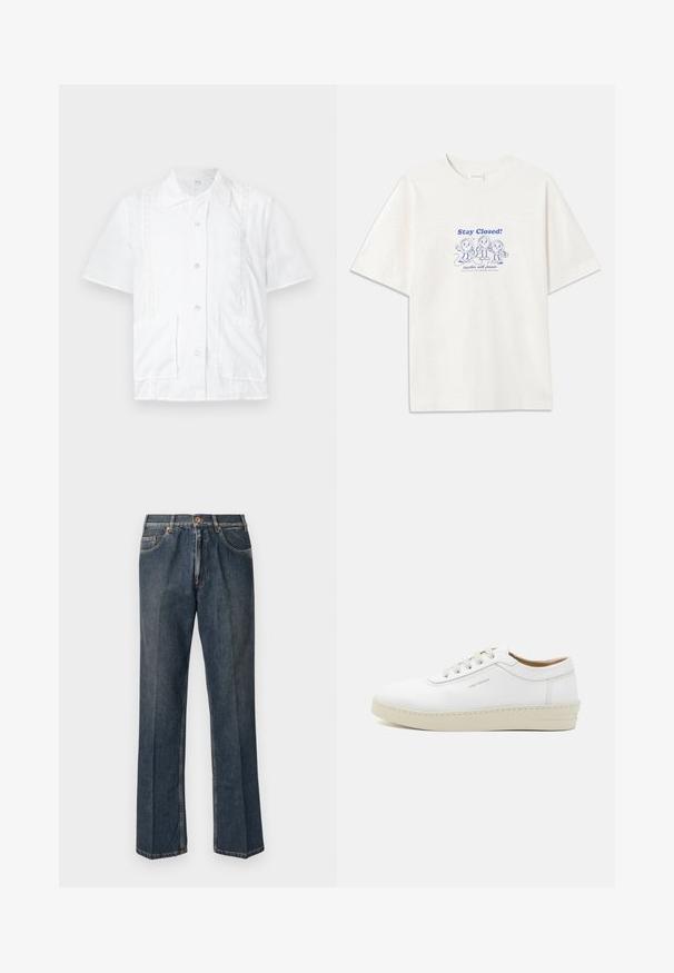 Chemise blanche à manches courtes avec un col, deux poches à l'avant, des accents de dentelle et des boutons le long du centre. Matière en coton.; CLOSED PRINTED - T-shirt imprimé - ivory; Jeans en denim droit bleu foncé avec un bouton à l'avant, une fermeture éclair, deux poches avant et des plis verticaux visibles le long des jambes.; Baskets en cuir blanc avec une finition texturée, bout rond, semelle en caoutchouc beige et six œillets pour lacets gris, avec un discret logo sur le côté.