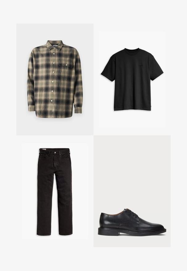 Rutet knap-opp skjorte i beige og navy med lange ærmer, krave, enkelt brystlomme og hvide knapper på et blødt stof.; Sort bomulds T-shirt med runde halsudskæring og korte ærmer. Har et diskret frontlogo og en lige kant. Enkel og minimalistisk design.; Sorte lige bukser i denim med fem lommer, knaplukning og bæltestropper, lagt fladt ud på en hvid baggrund.; Sorte læder dress sko med rund tå, snørelukning og en lav stablet hæl. Glat tekstur med minimale syningsdetaljer.