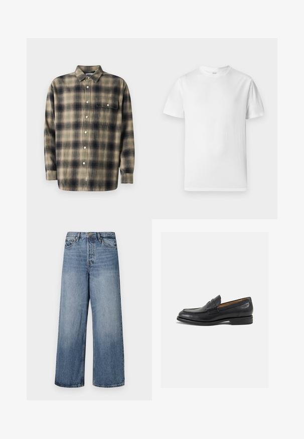 Beige és tengerészkék kockás, hosszú ujjú ing gallérral, egyetlen mellzsebbel és fehér gombokkal, puha anyagból készült.; Fehér, rövid ujjú póló, puha pamutból készült. Kerek nyakkivágással és egyenes aljjal rendelkezik, minimális részletezéssel.; Széles lábú kék farmernadrág, elhalványodott mosással, öt zsebbel és gombos zárással. Övhurkokkal és steppelt részletekkel ellátva.; Fekete bőr loaferek sima felülettel, lekerekített orral és díszítő varrással a lábfejen. Alacsony, réteges sarkú és enyhe fényű.
