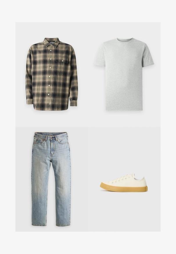 Bēša un tumši zilā krāsā svītrains krekls ar garām piedurknēm, apkakli, vienu krūšu kabatu un baltām pogām, izgatavots no mīksta auduma.; Gai pelēks īsām piedurknēm T-kreklis ar apaļu kakla izgriezumu, attēlots uz baltas fona, priekšskats bez redzamām logo vai dizainiem.; Gai zila denima bikses ar augstu jostasvietu, priekšējo pogu, rāvējslēdzēju un piecu kabatu dizainu, izlīdzinātas uz neitrāla fona.; Kanvasas tenisa apavi ofē un balta krāsā ar apaļu purngali, ar beicu gumijas zole un piecām acīm šņorēšanai, teksturēta virsma augšdaļā.