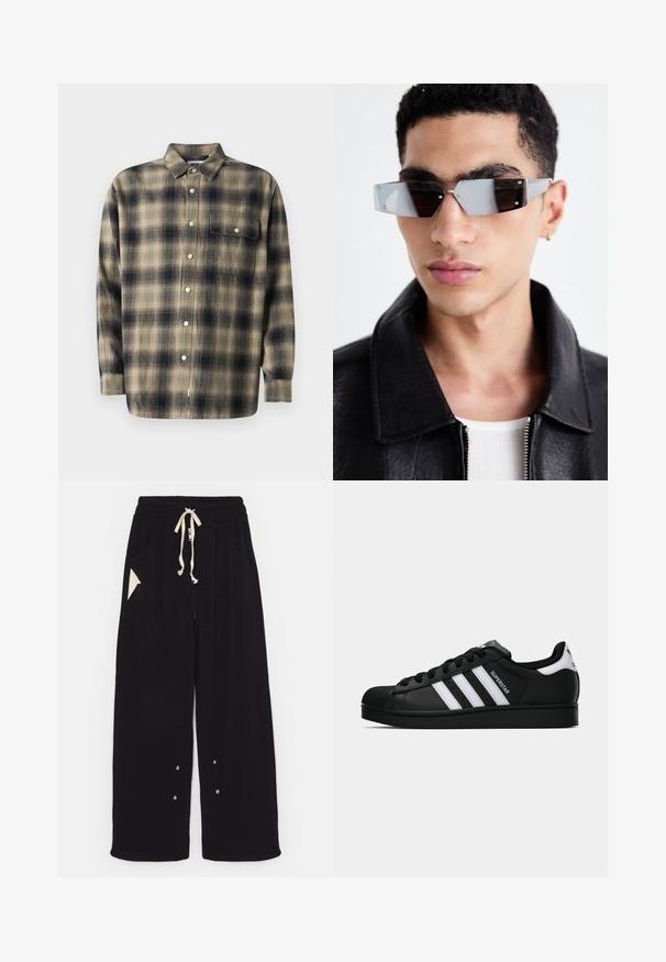 Kostkovaná košile na knoflíky v béžové a navy barvě s dlouhými rukávy, límečkem, jednou náprsní kapsou a bílými knoflíky na měkké látce.; Černé tričko s krátkým rukávem vyrobené z bavlny, s kulatým výstřihem a volným střihem. Hladká textura s minimálními švy.; Černé široké kalhoty vyrobené z měkké tkaniny, které mají stahovací pas, boční kapsy a trojúhelníkovou kapsu. Součástí jsou detaily ze stříbrného kovu.; Černé tenisky Adidas Superstar se bílými pruhy, špičkou ve tvaru skořápky a textem "Superstar" na boku, zobrazené v bočním profilu na bílém pozadí.; Avenované sluneční brýle se šedým nádechem a stříbrnými doplňky, umístěné na světlém pozadí. Skla mají jedinečný geometrický tvar.