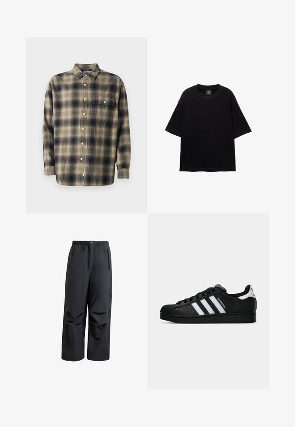 Kostkovaná košile na knoflíky v béžové a navy barvě s dlouhými rukávy, límečkem, jednou náprsní kapsou a bílými knoflíky na měkké látce.; Černé tričko s krátkým rukávem vyrobené z bavlny, s kulatým výstřihem a volným střihem. Hladká textura s minimálními švy.; Černé, volné kalhoty vyrobené z měkké tkaniny. Mají elastický pas, zapínání na knoflík a dvě boční kapsy s skladovými detaily.; Černé tenisky Adidas Superstar se bílými pruhy, špičkou ve tvaru skořápky a textem "Superstar" na boku, zobrazené v bočním profilu na bílém pozadí.