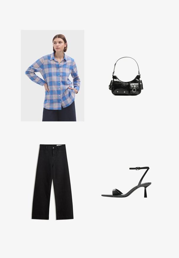 Modrá károvaná košile na knoflíky s červenými a bílými akcenty, dlouhými rukávy a volným střihem s zakulaceným spodním okrajem. Vyrobena z lehkého materiálu.; Černé denimové kalhoty s volným střihem a vysokým pasem, vybavené předními a zadními kapsami, prošívanými švy a knoflíkovým zapínáním. Hladká textura.; Bershka Sandály na vysokém podpatku - black; Černá lakovaná kožená kabelka s křivkovým tvarem, jedním ramenním popruhem, předními kapsami a stříbrnými kovovými detaily.