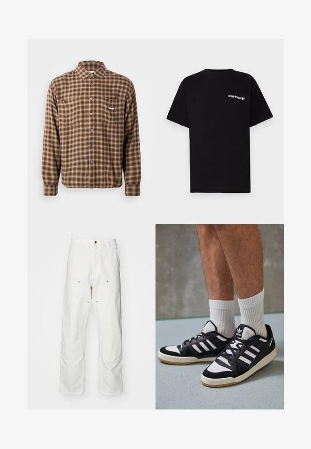 Pruun ruuduline särk, mis on valmistatud pehmest kangast, millel on nööbid, kaks rinna taskut ja vasakul taskul tikandiga logo.; Mustast puuvillast lühikeste varrukatega t-särk, ümara kaelusega ja valge "Carhartt" logoga vasakul rinnal. Sile tekstuur, minimalistlik disain.; Valged puuvillased cargo püksid, millel on mugav lõige. Omadusteks on esikotid, kuldse riistvara aktsendid ja tugevdatud põlveosad.; Mustvalged ja valged spordijalatsid, mille pealmine osa on valmistatud suede'ist ja nahast. Kingadel on kolm valget riba, auguline varvas ja kummist tald.