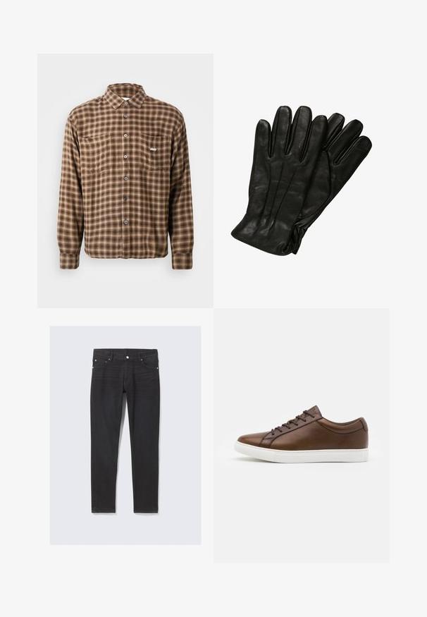 Rjava karirana srajca iz mehkega blaga, z zapiranjem na gumb, dvema žepoma na prsih in izvezenim logotipom na levem žepu.; Črne denim hlače slim fit kroja, z sprednjimi žepi, gumbastim zapiranjem in diskretnimi šivi ob stranskih šivih.; Rjave usnjene športne copate z zaobljenim nosom, belo gumijasto podplatno in petimi luknjami za vezalke. Imajo diskretno blagovno znamko na peti.; Črne usnjene rokavice z gladko teksturo, pet prstov in subtilnimi šivi. Klasičen dizajn, primeren za uporabo v hladnem vremenu.