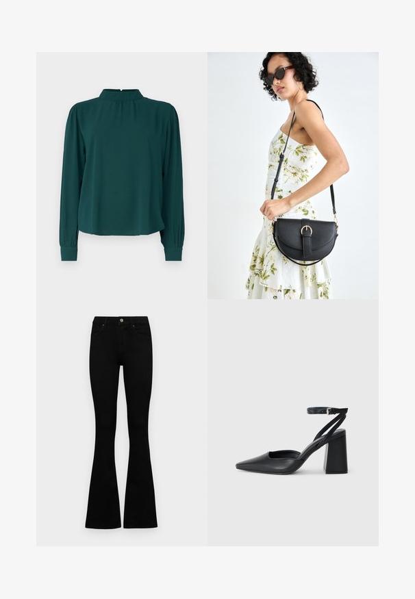 Teal långärmad blus med hög hals, plisserade axlar och åtsittande manschetter. Mjuk tyg och lös, avslappnad passform.; Svarta högmidjade jeans med knäppning och dragkedja, frontfickor och utsvängda ben, liggande platt på en vit bakgrund.; Svart läderpumps med spetsig tå, ankelrem och kraftig klack. Slät textur, stilren design och minimalistisk estetik.; Svart läderhandväska med en böjd form, avtagbar rem och guldiga detaljer. Väskan har ett lock med en spänndetalj.