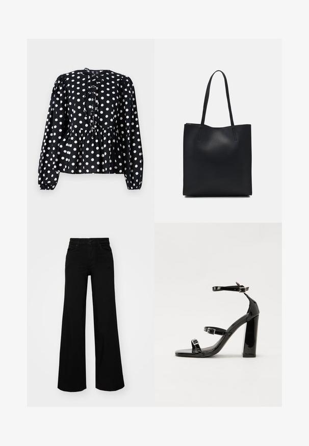 Fekete, hosszú ujjú blúz fehér pöttyökkel, plisszírozott derékrésszel, fodros hátrésszel és gombbal záródó kivágással a nyaknál.; Fekete, bő szárú farmernadrág, amelynek állítható derékrésze van, övhurkokkal és elülső zsebekkel. Simaság jellemzi, klasszikus dizájnnal.; Fekete lakk magas sarkú szandál két csatos pánttal, négyzet alakú orral és tömzsi blokk sarokkal, sima, fényes felülettel.; Fekete bőrtáska sima felszínnel, téglalap alakú, két hosszú füllel. Nincs látható fémkiegészítő vagy díszítés.