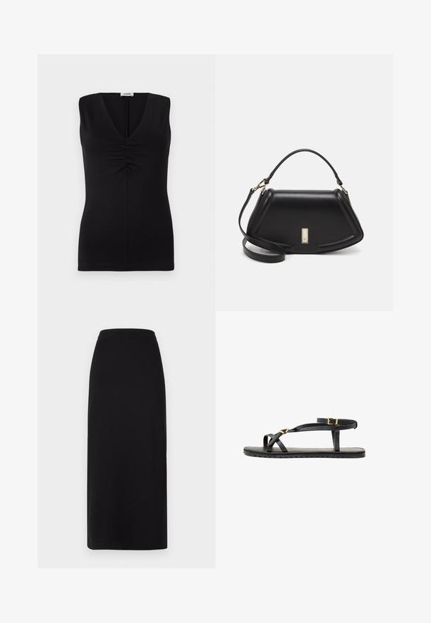 Mustasuora hihaton toppi, jossa on V-pääntie ja rypytetty yksityiskohta rinnassa. Valmistettu sileästä kankaasta, jossa on istuva leikkaus.; Mustat, nilkkapituisten hameiden kanssa, jossa on istuva vyötärönauha. Valmistettu pehmeästä, joustavasta kankaasta, jossa on sileä pinta eikä näkyviä koristeita.; Mustat nahkasaappaat, joissa on ohuet hihnat ja soljellinen nilkkahihna. Tasainen pohja tekstuurilla ja sahalaitareunalla. Minimalistinen muotoilu.; Mustalla nahkalaukulla, jossa on jämäkkä muotoilu, lyhyt malli, yläkahva ja kultaiset yksityiskohdat. Säädettävä olkahihna sisältyy.