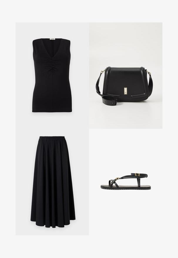 Sort ærmeløs top med V-udskæring og sammensnøring ved brystet. Lavet af glat stof med en skræddersyet pasform.; Sort, gulvlængde nederdel lavet af blødt stof med en bred, rynket elastisk talje og et glat, flydende design. Ingen mønstre eller detaljer.; Sorte lædersandaler med tynde stropper og en spændet ankelrem. Flad sål med en tekstureret overflade og zigzag kant. Minimalistisk design.; Sort læder crossbody taske med en struktureret form, guldfarvet hardware og en aftagelig rem. Har en glat tekstur og en klaplukning.