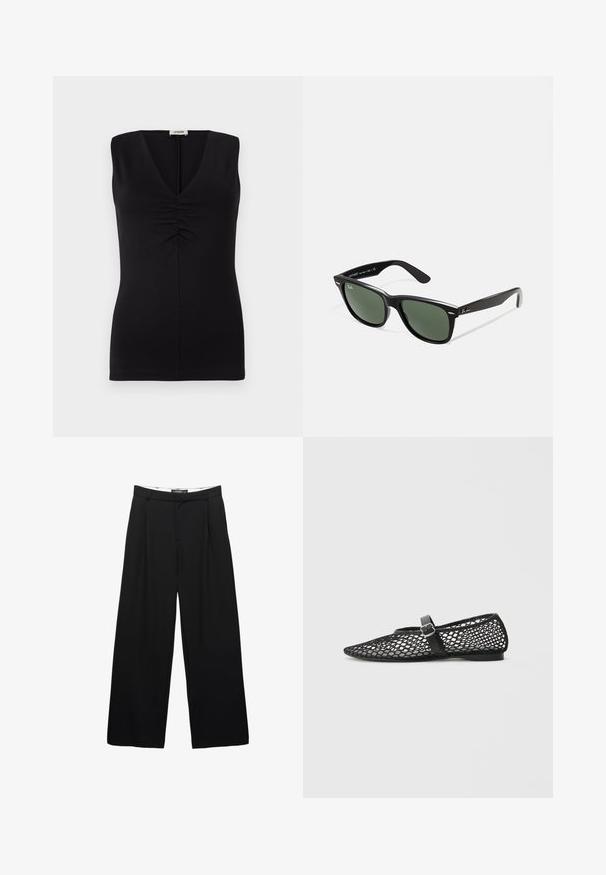 Mustasuora hihaton toppi, jossa on V-pääntie ja rypytetty yksityiskohta rinnassa. Valmistettu sileästä kankaasta, jossa on istuva leikkaus.; Valkoiset leveälahkeiset housut, jotka on valmistettu sileästä kankaasta. Sisältää etupleikkeet, vyötärön, jossa on vyölenkit, ja kauttaleikattu siluetti.; Call it Spring ELYIAA - Ballerinat - black; Mustat muoviset aurinkolasit, joissa on vihreät linssit, neliönmuotoiset kehykset, hopeinen yksityiskohta kulmakarvojen kohdalla sekä tekstuuriset temppeleiden varret. Brändi ilmoitettu sisävarsissa.; Mustakudottu kassi, jossa on teksturoitu pinta, kaksi pitkää mustaa kahvaa ja hopeiset yksityiskohdat. Tilava ja muotoiltu design.