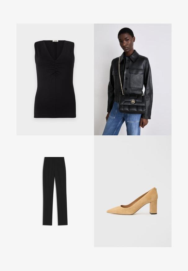 Schwarzes ärmelloses Top mit V-Ausschnitt und Raffung an der Brust. Hergestellt aus glattem Stoff mit taillierter Passform.; Schwarze maßgeschneiderte Hose mit geradem Bein, ausgestattet mit Fronttaschen und einem glatten, strukturierten Stoff. Saubere, minimale Details.; Beige Wildleder-Pumps mit hohem Absatz, spitz zulaufend und mit einem klobigen Blockabsatz. Das Material hat eine weiche Textur mit einer glatten Oberfläche.; Schwarze Lederjacke mit Knopfverschluss und zwei vorderen Taschen, kombiniert mit einer schwarzen gesteppte Handtasche mit goldener Schnalle und Kettenriemen.