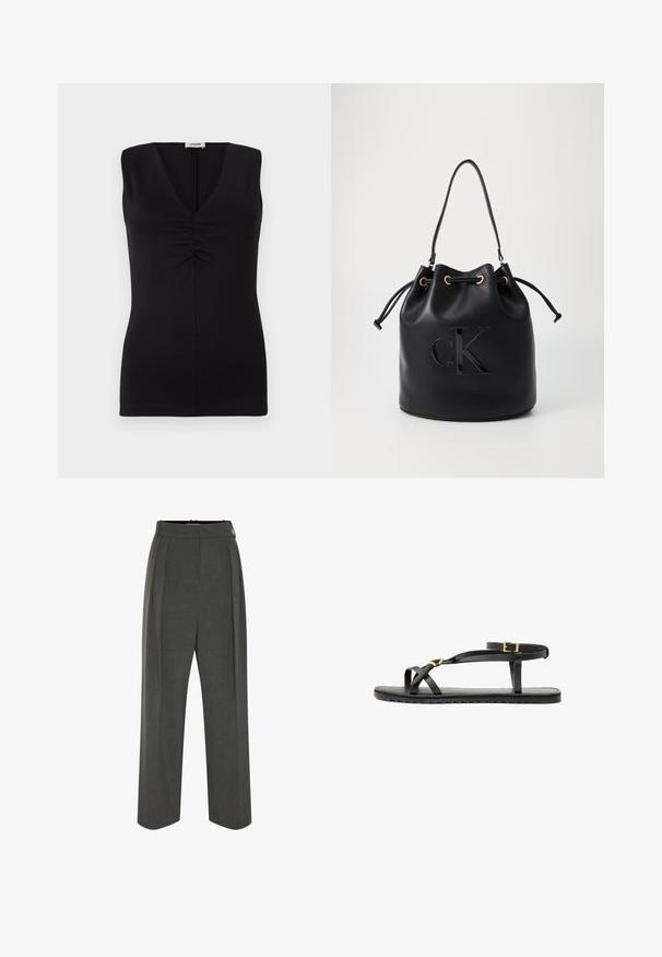 Czarny bezrękawnik z dekoltem w szpic i marszczeniem na klatce piersiowej. Wykonany z gładkiego materiału o dopasowanym kroju.; Szare spodnie o szerokich nogawkach wykonane z fakturowanej tkaniny, z wysokim stanem i plisami z przodu. Projekt obejmuje gładki pas bez widocznych zapięć.; Czarne skórzane sandały z cienkimi paskami i zapięciem na kostce. Płaska podeszwa o teksturowanym wykończeniu i ząbkowanej krawędzi. Minimalistyczny design.; Czarna skórzana torba typu bucket z zaciąganym zamknięciem, z błyszczącym logo "CK" z przodu i złotymi akcentami.