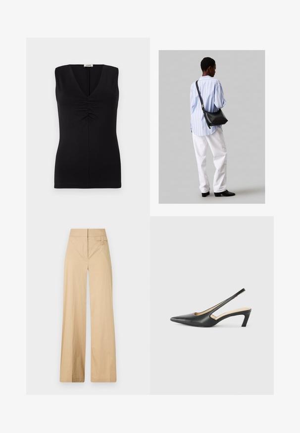 Top negru fără mâneci, cu decolteu în V și detaliu pliat în zona pieptului. Fabricat dintr-un material neted, cu o croială ajustată.; Pantaloni bej cu croi larg, dintr-un amestec de bumbac. Au o textură netedă, talie elastică și un detaliu cu buton lateral.; Pantof cu toc mic, cu vârf ascuțit și slingback, realizat din piele netedă, având un design decupat pe lateral pentru respirabilitate.; Geantă de umăr din piele neagră cu o textură moale, formă triunghiulară și curea ajustabilă, asortată cu o bluză cu dungi albastre deschise și pantaloni albi.