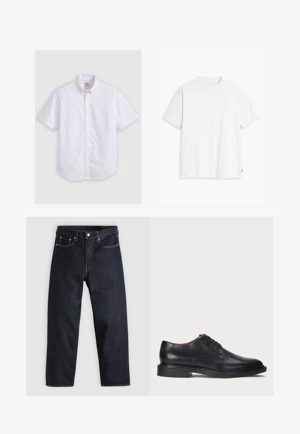 Chemise blanche à manches courtes en coton, avec col button-down, texture subtile, ourlet incurvé et fermeture à boutons traditionnelle.; T-shirt en coton blanc à manches courtes, col rond, avec un logo Levi's discret imprimé au centre. Texture douce et coupe standard.; Jean en denim bleu foncé avec une coupe droite, cinq poches, des coutures orange contrastantes et une fermeture à boutons. Pas de motifs ou d'ornements visibles.; Chaussure de ville en cuir noir avec un bout rond, un laçage et un petit talon empilé. Texture lisse avec des détails de couture minimaux.