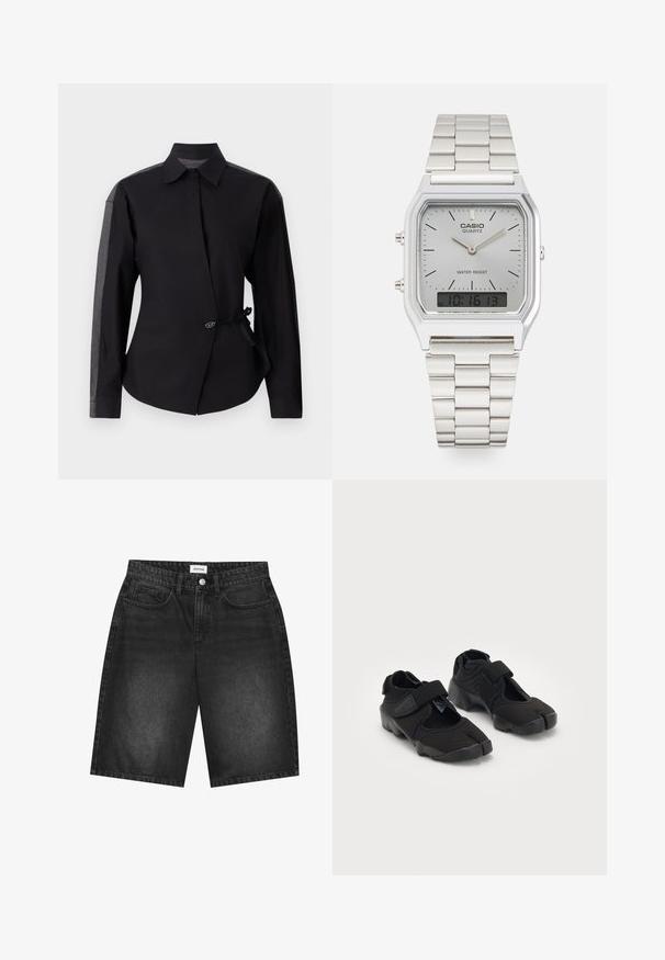 Čierna košeľa s predným viazaním, so zdĺhavými rukávmi a tmavošedými tkaninovými detailmi na pleciach. Obsahuje dekoratívny gombík a viazačku.; Čierne denimové šortky so strihom rovného nohavice, s dizajnom piatich vreciek a predným zapínaním na gombík. Textúrovaná látka s vyblednutým povrchom.; Čierne vodné topánky vyrobené z flexibilného materiálu s suchým zipsom, ktoré majú jedinečný dizajn s rozdelenými prstami a textúrovanú gumovú podrážku pre lepšiu priľnavosť.; Strieborné quartz hodinky Casio s obdĺžnikovým ciferníkom, analógovým a digitálnym zobrazením, nerezovým remienkom a vodoodolnými vlastnosťami.