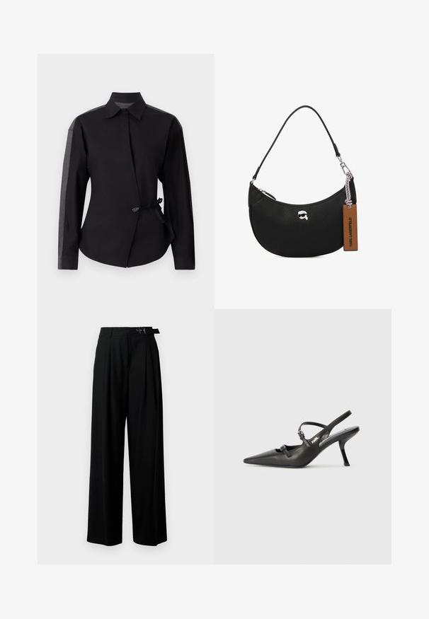 Juoda marškinėlių su priekinio apsupimo dizainu, turinti ilgus rankovės ir tamsiai pilkų audinio akcentų ant pečių. Įeina dekoratyvinis mygtukas ir surišimo detalė.; Juodos plačios kojų kelnės su aukštu liemeniu, priekinėmis klostėmis ir diržu su sagtimi. Pagamintos iš lygaus, lengvo audinio.; Juodi odiniai slingback kulniukai su smailiu pirštu, siauru kulnu ir dekoratyvine sagtimi viršuje. Lygus paviršius ir elegantiškas dizainas.; Juodas odinis rankinės su grublėta tekstūra, išlinkusia forma, viršutiniu užtrauktuku, sidabrinėmis detalėmis ir rudąja etiketė. Pabrėžtas logotipo akcentas.